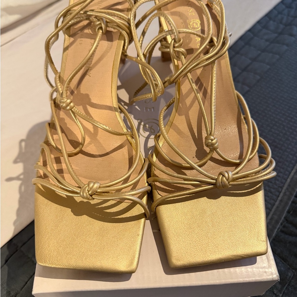 Chinese Laundry Gold Lace-Up Square-Toe Heels